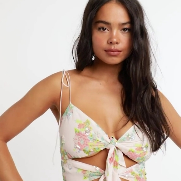 FOR LOVE AND LEMONS LOUISA DOUBLE TIE FRONT FLORAL SEQUIN MAXI DRESS SIZE LARGE - Picture 9 of 16